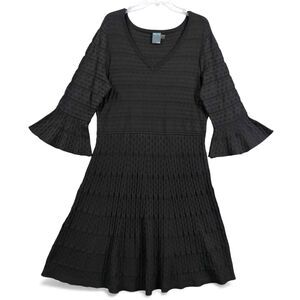 Gabby Style Dress XL Black Textured Knit 3/4 Bell Sleeve Fit & Flare Boho Chic